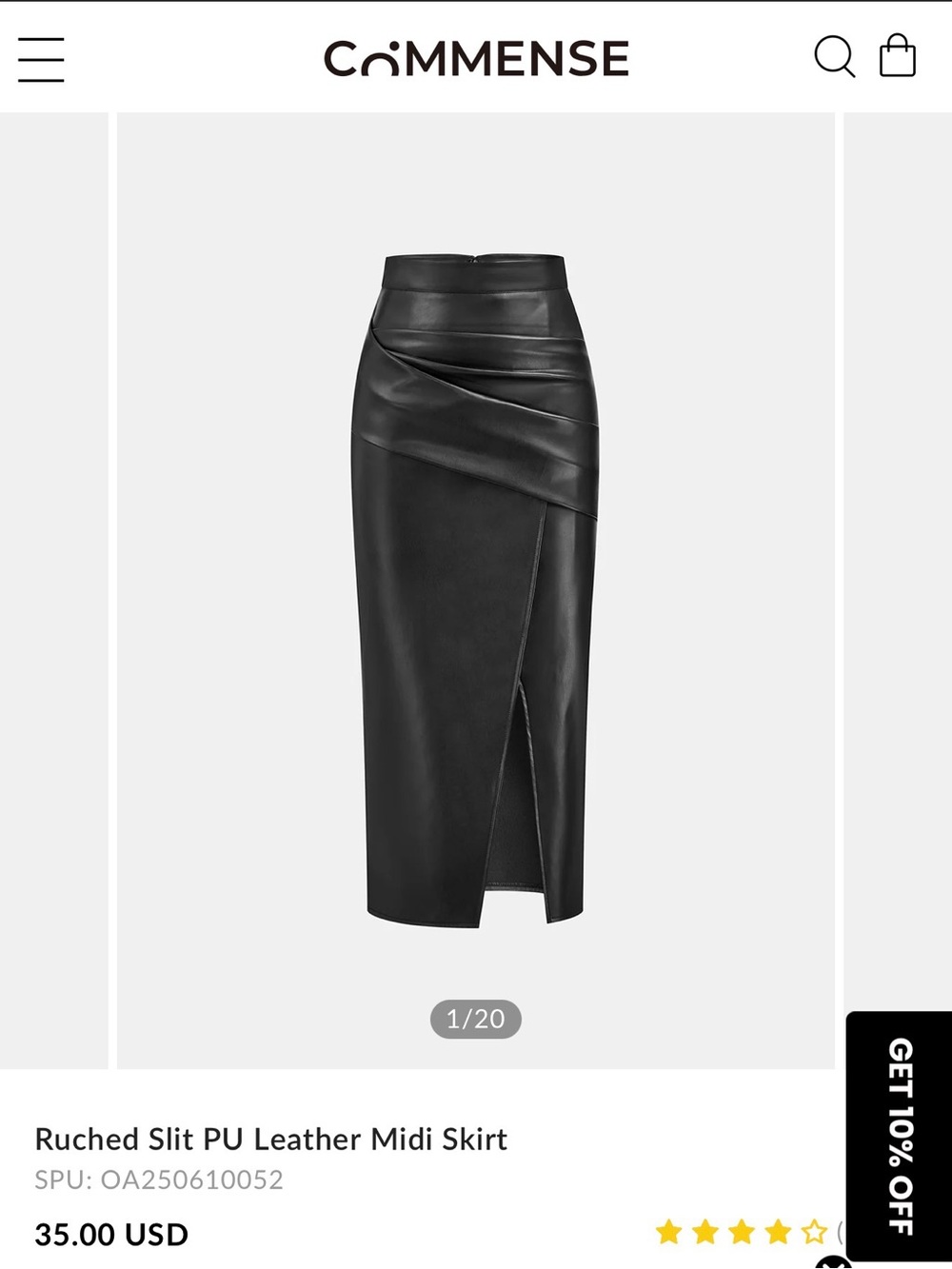 Commense Black PU Leather Midi Skirt with Ruched Wrap and Front Slit
